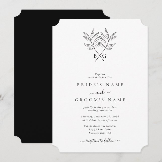 Convites Casamento de Monograma Russo Botânico Minimalista (Frente/Verso)