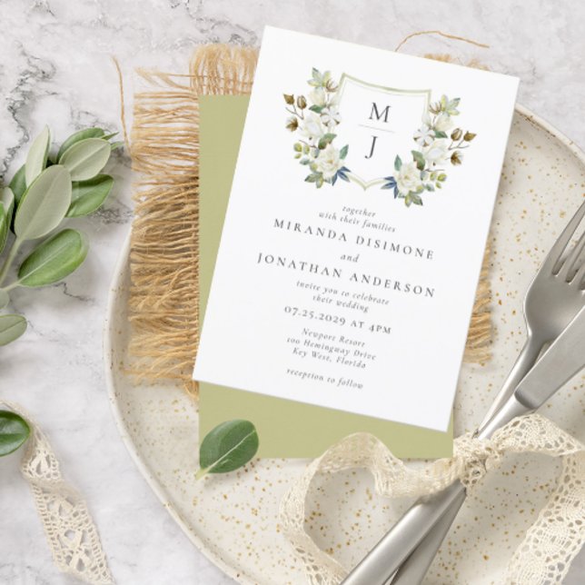 Convites Casamento de Monograma Verde de Crest Floral Elega (Criador carregado)