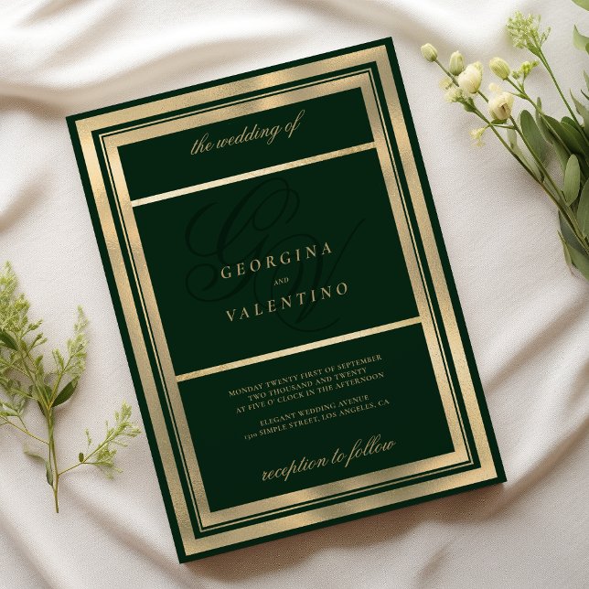 Convites Casamento de monograma verde-escuro de ouro de lux (Luxury gold dark green monogram initials wedding)