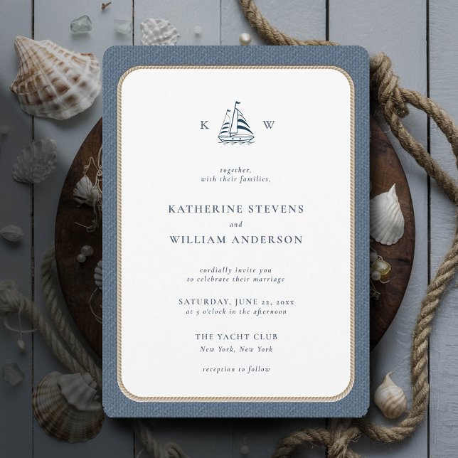 Convites Casamento de Monogramas Azuis Burlap, Frame de Cor (simple beach boat wedding invitation nautical rope burlap white navy modern classic minimalist)