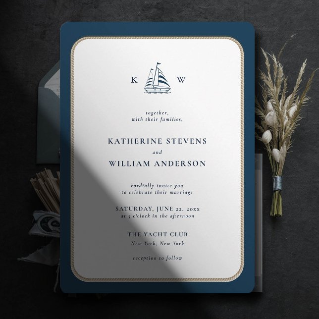 Convites Casamento de Monogramas brancos com Marinho de Fra (simple beach boat wedding invitation nautical rope white navy modern classic minimalist)