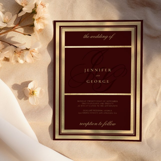 Convites Casamento de monogramas de ouro luxuoso (Luxury gold burgundy monogram initials wedding)