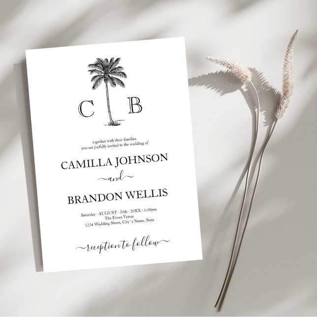 Convites Casamento de Monogramas de Palmeira Tropical Elega (Criador carregado)