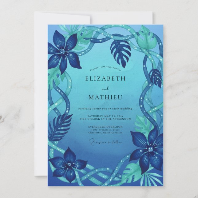 Convites Casamento de Monstera Eucalipto Tropical Ciano (Frente)
