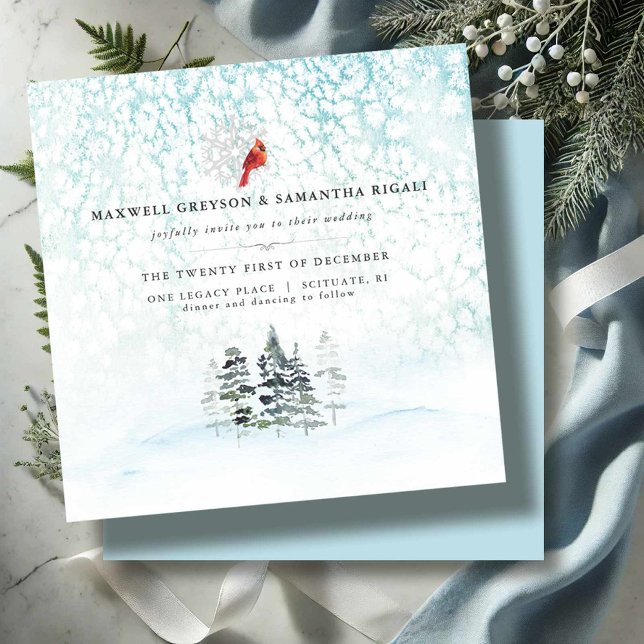 Convites Casamento de Montanha Elegante de Pinheiros de inv (Mountain wedding invitations elegant wintery scene with pine trees and a cardinal in shades of blue)