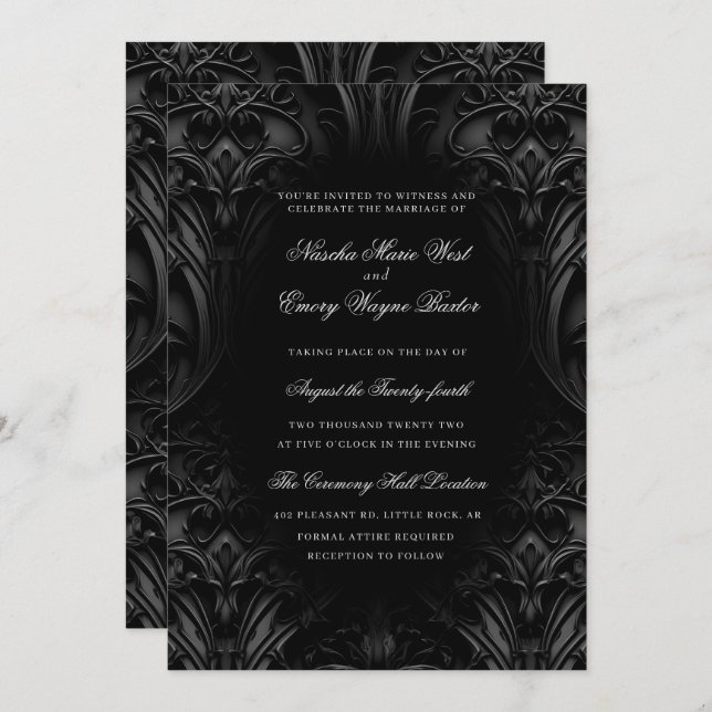 Convites Casamento de Moody Damask preto Elegante (Frente/Verso)