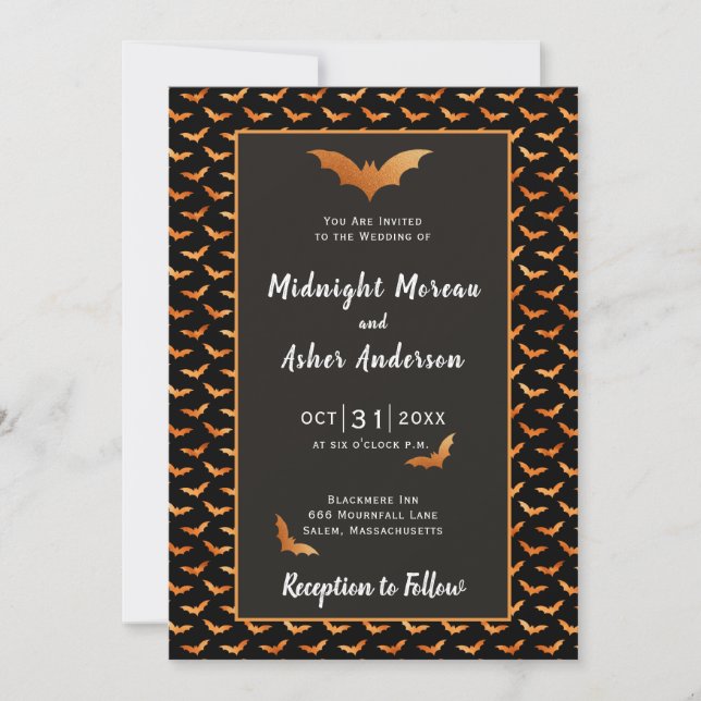 Convites Casamento de Morcego Laranja e Preto de Halloween (Frente)