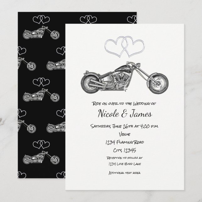 Convites Casamento de Motocicleta Corações Pretos e Pratead (Frente/Verso)
