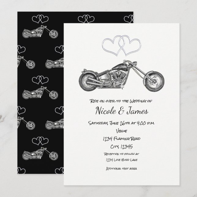 Convites Casamento de Motocicleta Preto e Corações de Prata (Frente/Verso)