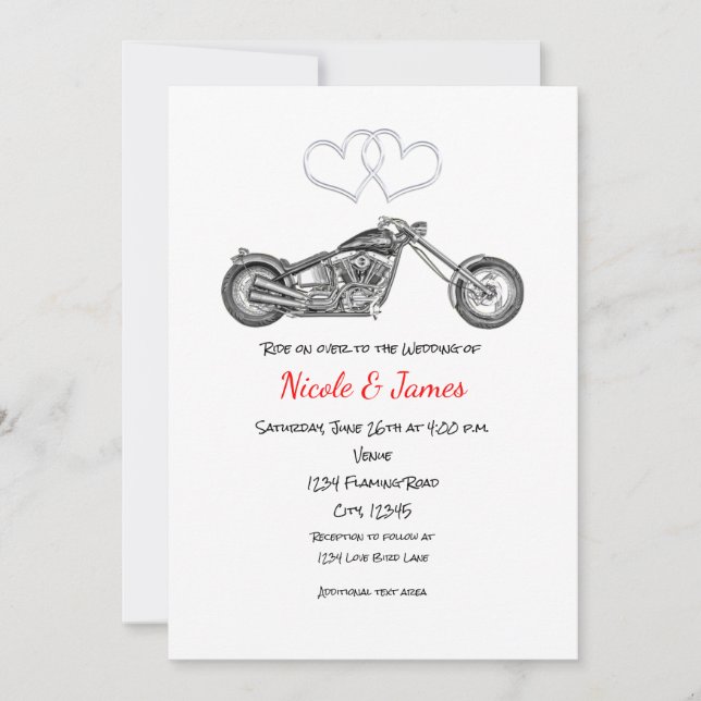 Convites Casamento de motoqueiro com motocicleta e corações (Frente)