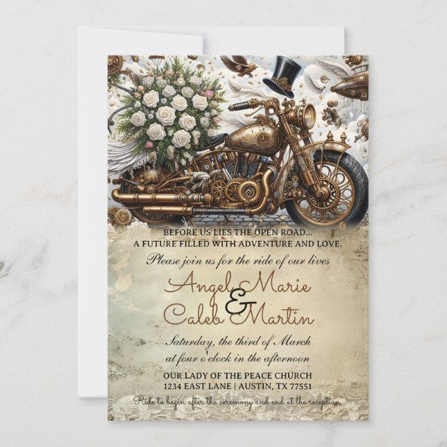 Convites Casamento de Motoqueiro Dourado Branco (Frente)
