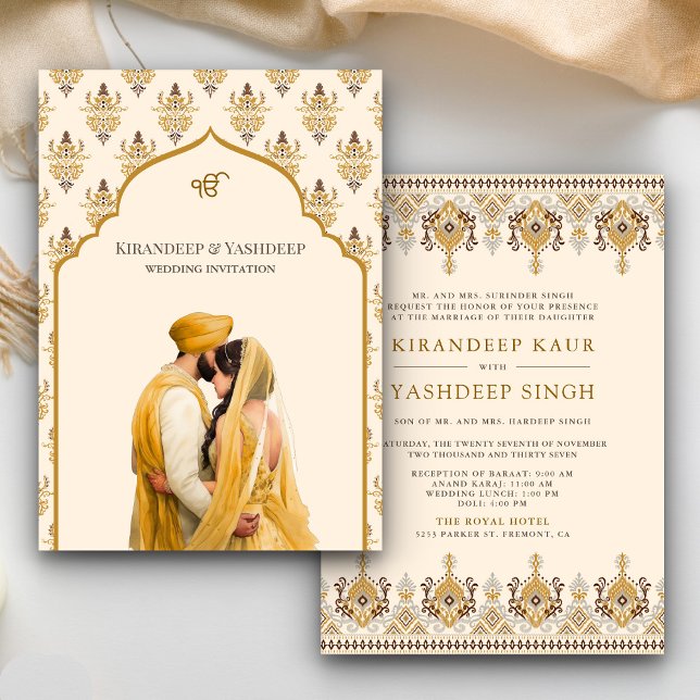 Convites Casamento de Mustard Yellow Cream Ikat Anand Karaj (Criador carregado)