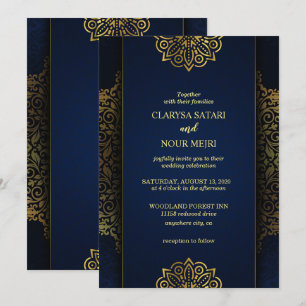 Convites Casamento de na moda azul de flores douradas