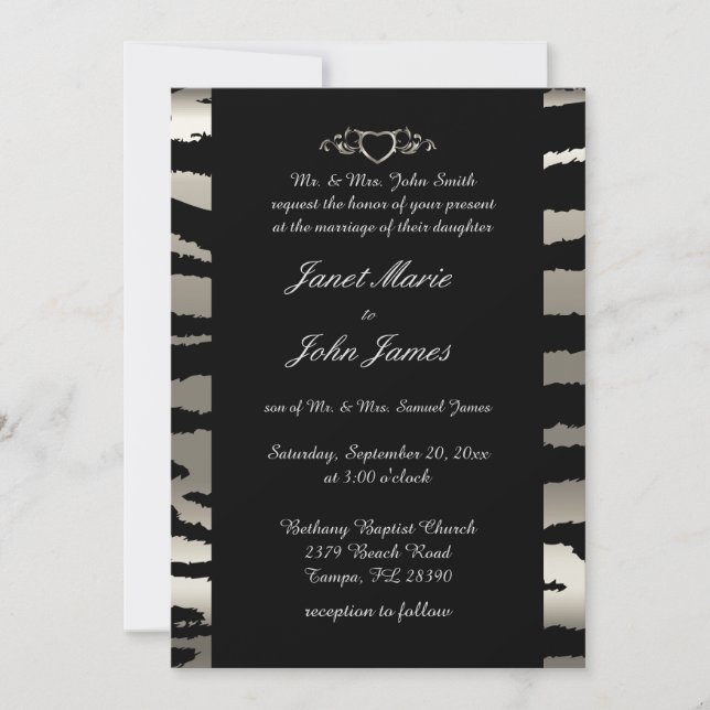 Convites Casamento de na moda em Bandas de Prata e Zebra Ne (Frente)
