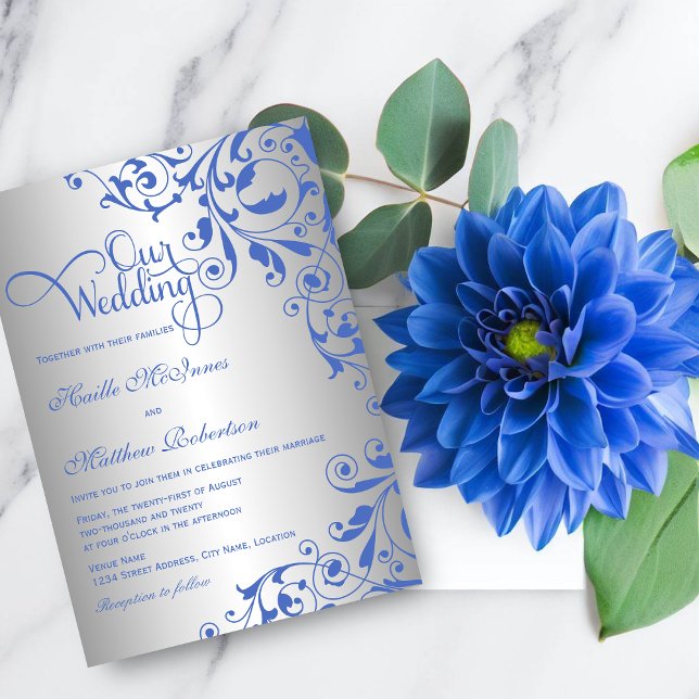 Convites Casamento de na moda Royal Blue e Silver Swirls (Elegant royal blue and silver wedding invitation. Perfect wedding invite for a royal blue theme.)