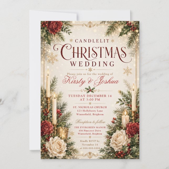 Convites Casamento de Natal à Luz de Velas (Frente)