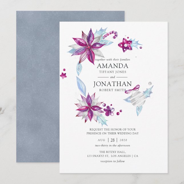 Convites Casamento de Natal Alegre e Brilhante (Frente/Verso)