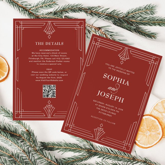 Convites Casamento de Natal Atemporal Vermelho | Código QR  (Criador carregado)