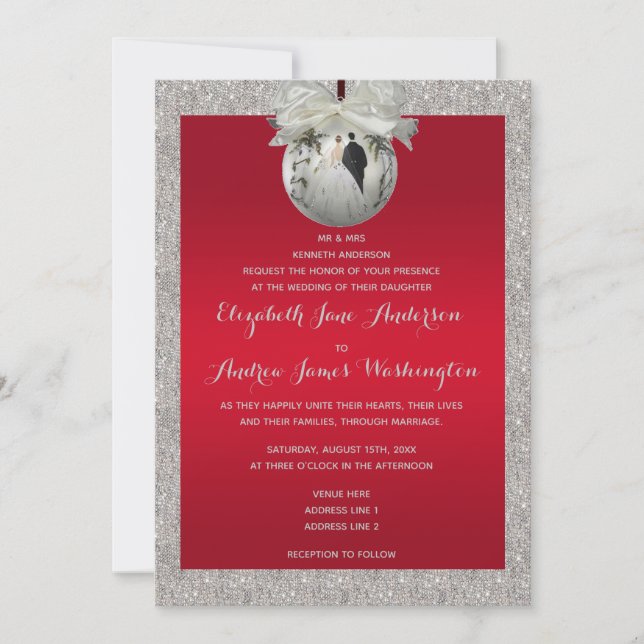 Convites Casamento de Natal Classy Ruby Red & Sparkly Baubl (Frente)
