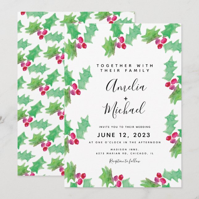Convites Casamento de Natal com Aquarela de Folhas de Azevi (Frente/Verso)