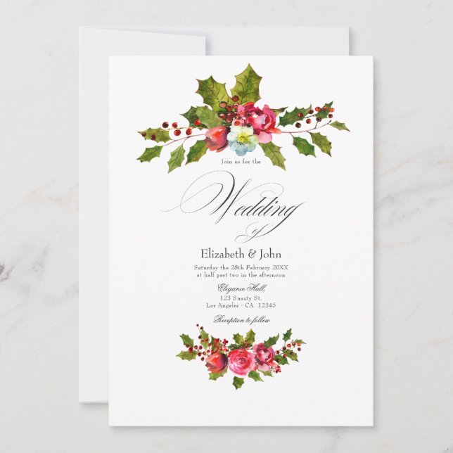 Convites Casamento de Natal com Azevinho e Hera com Rosas V (Frente)