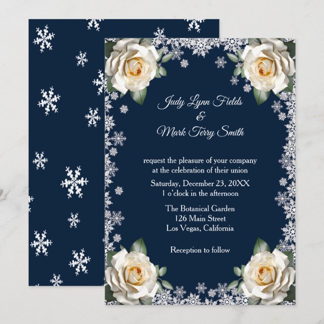 Convites Casamento de Natal com Flocos de Neve e Rosas Bran (Frente/Verso)