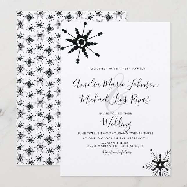 Convites Casamento de Natal com Flocos de Neve Pretos em Le (Frente/Verso)