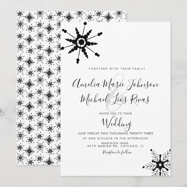 Convites Casamento de Natal com Flocos de Neve Pretos em Le (Frente/Verso)