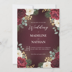 Convites Casamento de Natal com Floral de Veludo Borgonha