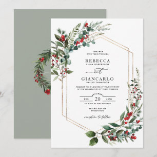 Convites Casamento de Natal com Folhagem de Inverno e Bagas