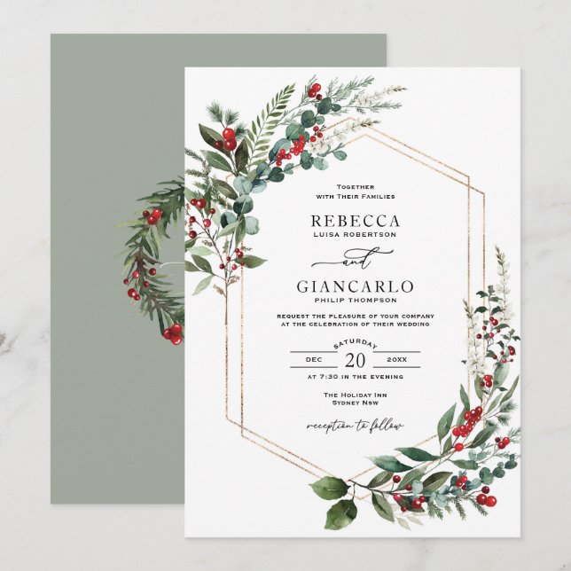 Convites Casamento de Natal com Folhagem de Inverno e Bagas (Frente/Verso)