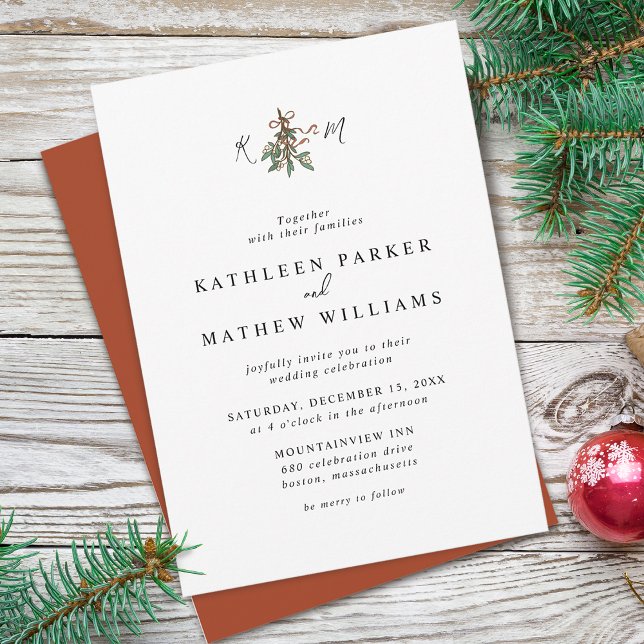 Convites Casamento de Natal com iniciais de visco simples (Mistletoe Initials Holiday Wedding Invitation)
