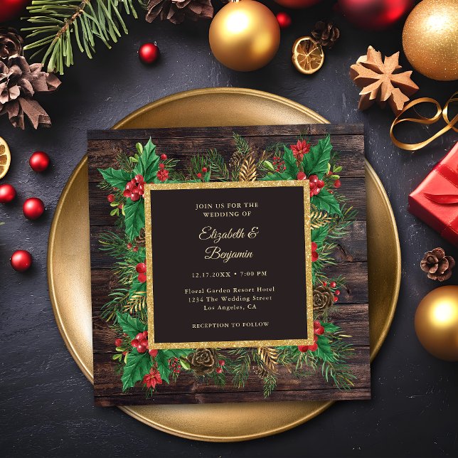 Convites Casamento de Natal com Madeira Rústica Preta Doura (Criador carregado)