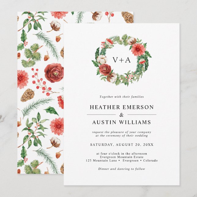 Convites Casamento de Natal com Vegetação de Férias (Frente/Verso)
