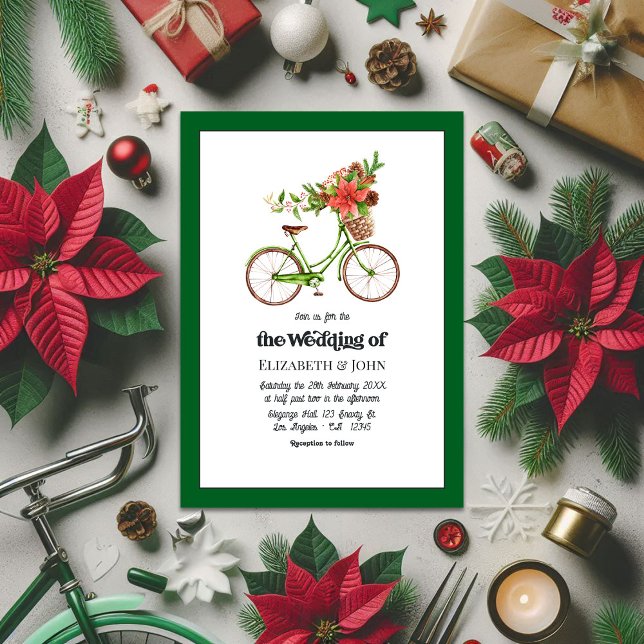 Convites Casamento de Natal da Bicicleta Retro Poinsettia (Retro Poinsettia Bicycle Christmas Wedding Invitation)