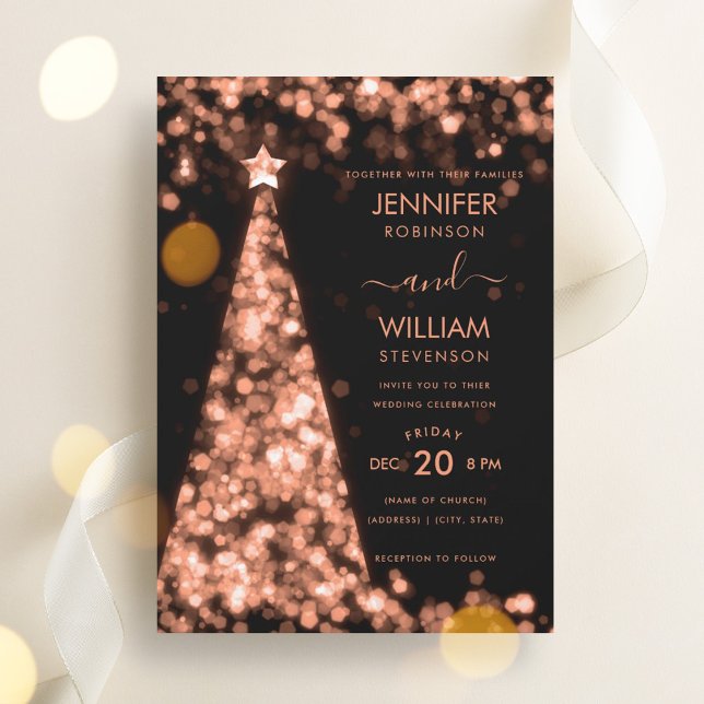 Convites Casamento de Natal de Árvore Dourada de Rosa festi (Modern Festive Rose Gold Tree Christmas Wedding Invitation)