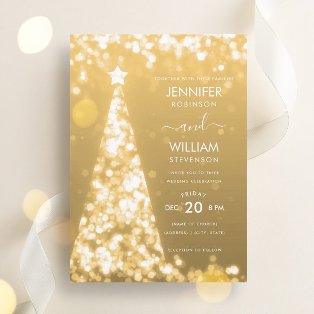 Convites Casamento de Natal de Árvore Dourada Festiva Moder (Modern Festive Gold Tree Christmas Wedding Invitation)