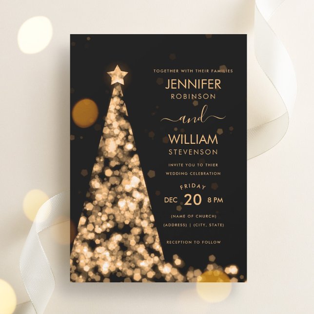 Convites Casamento de Natal de Árvore Dourada Festiva Moder (Modern Script Festive Gold Tree Christmas Wedding Invitation)