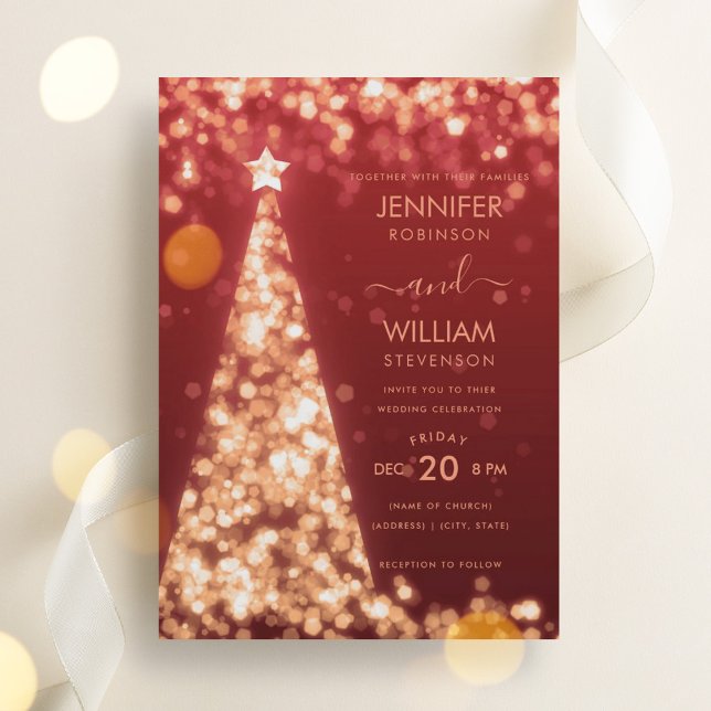 Convites Casamento de Natal de Árvore Dourada Festiva Moder (Modern Festive Gold Tree Christmas Wedding Invitation)