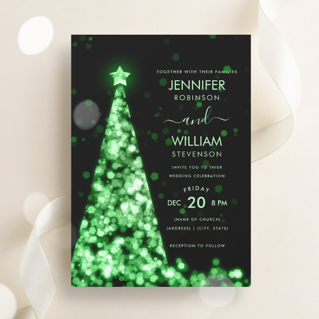 Convites Casamento de Natal de Árvore Verde Festiva Moderna (Modern Festive Green Tree Christmas Wedding Invitation)