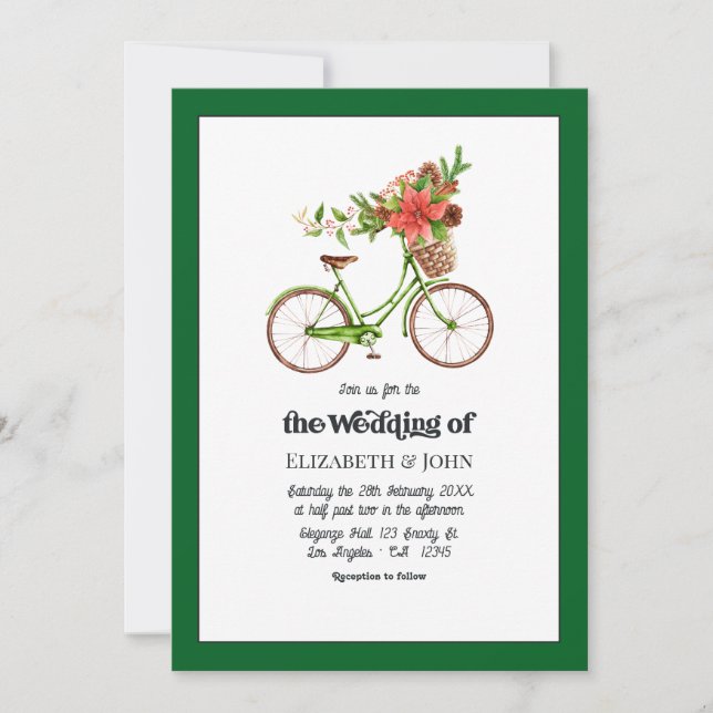 Convites Casamento de Natal de Bicicleta Retro Poinsettia (Frente)