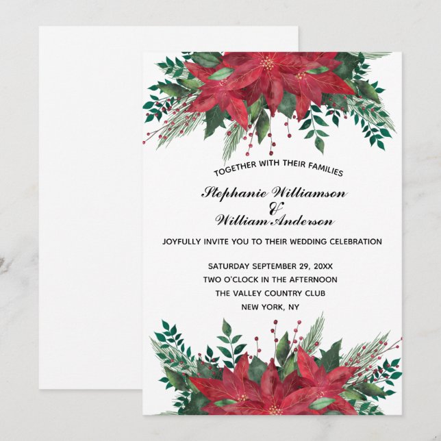 Convites Casamento De Natal De Inverno De Red Poinsettia Fl (Frente/Verso)