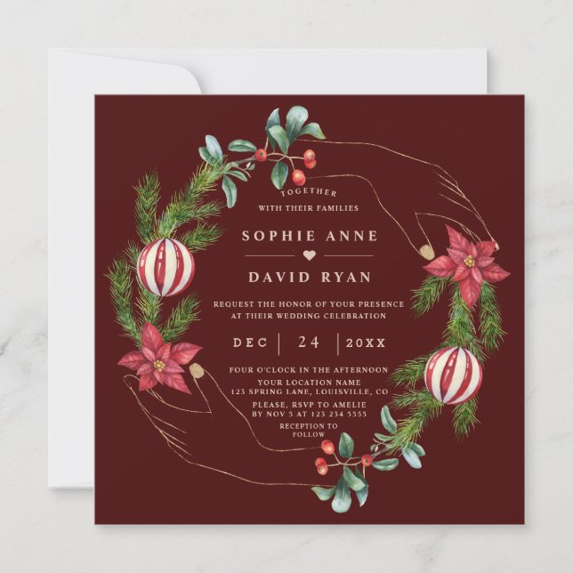 Convites Casamento de Natal de Pine Berry Dourado Vermelho  (Frente)