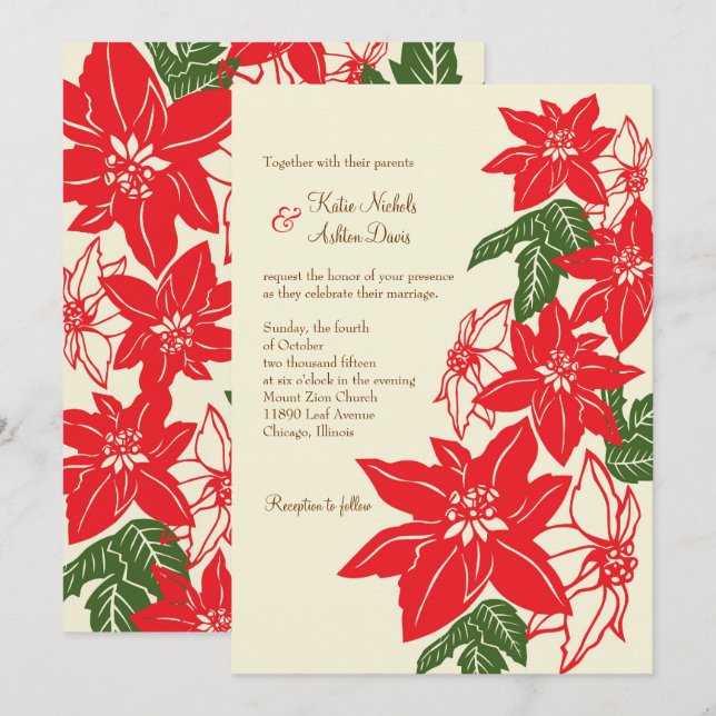 Convites Casamento de Natal de Poinsettias Vermelhas e Verd (Frente/Verso)