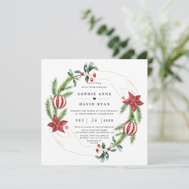 Convites Casamento de Natal de Winter Poinsettia Pine Berry (Em pé/Frente)