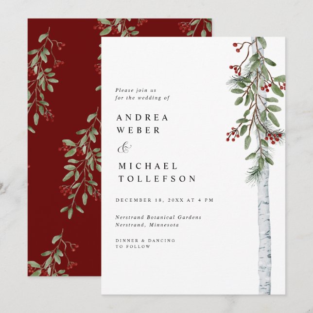 Convites Casamento de Natal elegante Burgundy Greenery (Frente/Verso)