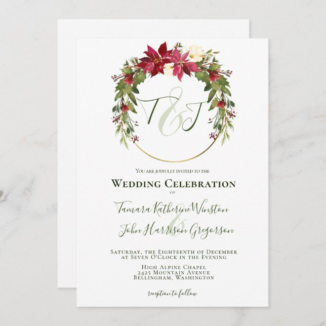 Convites Casamento de Natal Elegante de Poinsettia Vermelha (Frente/Verso)