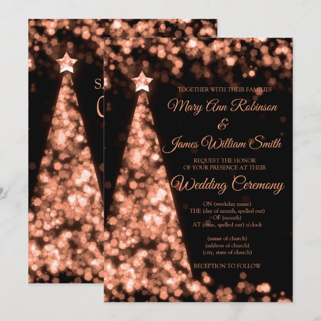Convites Casamento de Natal Elegante em Dourado Rosado e Pr (Frente/Verso)