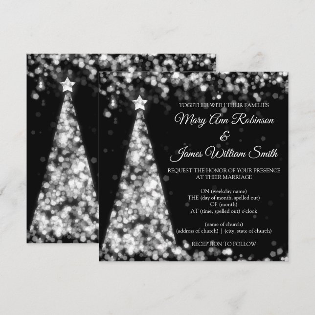 Convites Casamento de Natal Elegante Preto e Prata (Frente/Verso)