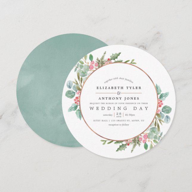 Convites Casamento de Natal em Eucalipto Geométrico Aquarel (Frente/Verso)